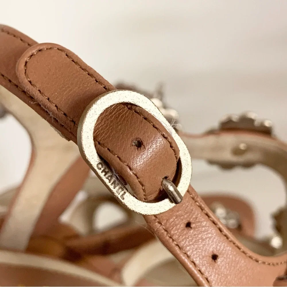 Chanel cc logo camellia charm sandal wedges